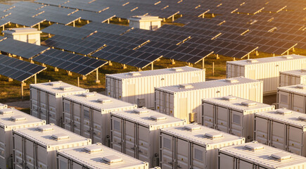 Modern solar farm with rows of battery storage containers and photovoltaic panels © Snide12