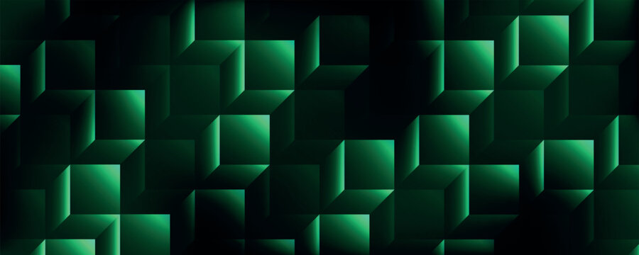 Abstract techno background with overlapping glowing 3d green squares pattern. Futuristic business design with modern cube pattern for banner, website, presentation, brochure. VOL. 3