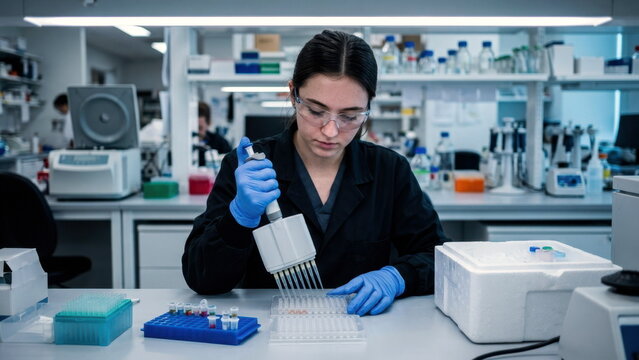 Laboratory technician pipetting plasma aliquots into a 96 well tray beside microtube rack and cold storage box for biomarker discovery research.