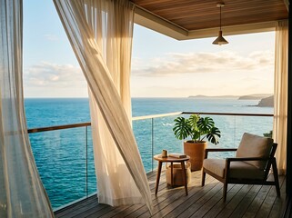 Fototapeta premium Luxurious Oceanfront Balcony with Stunning Sea Views and Relaxing Ambiance.
