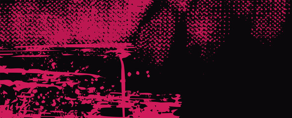 Pink ink splash and paint splatter on black backdrop. Distressed grunge textured pattern for modern urban street art graphic design. © Ahlakul Karimah