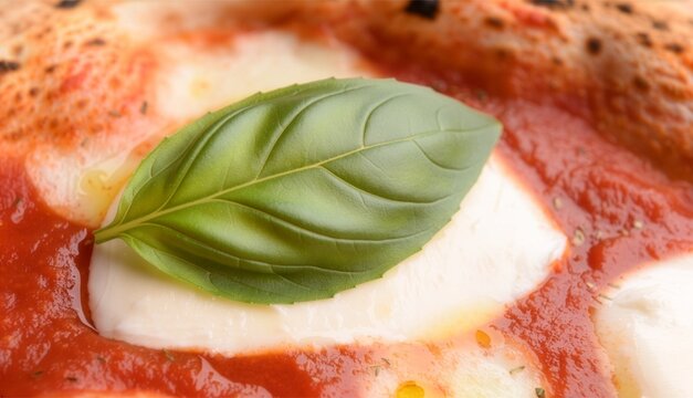 Top-down macro shot of a fresh green basil leaf on melted mozzarella cheese and tomato sauce of a Margherita pizza, shallow depth of field, professional commercial food photography.