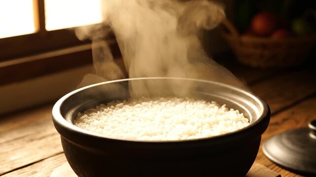湯気が立ちのぼる土鍋の炊きたて白ごはん 木のキッチンカウンター