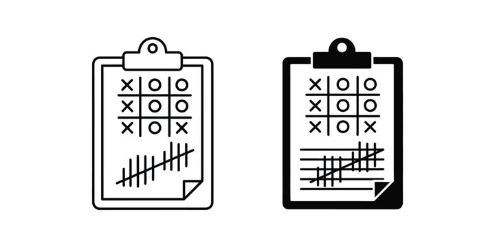 Tic Tac Toe game and tally marks on clipboard icons set for business strategy and planning