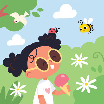 A little girl with an ice cream and a ladybug in her hair walks in nature, looking with interest at the surrounding world&mdash;at birds and bees. Unity, the first acquaintance with nature. The girl is abso