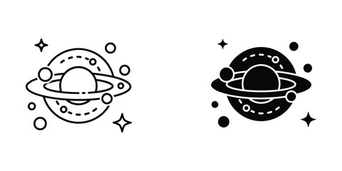 Minimalist Planet with Rings and Stars Icon Set in Outline and Solid Styles for Space and Astronomy Design © Designer Orchi