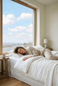 Young Woman Sleeping Peacefully in a Bright Minimalist Bedroom with Large Window and Blue Sky View