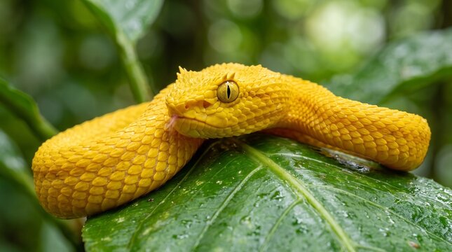 Close-up portrait of a venomous yellow eyelash pit viper snake on foliage