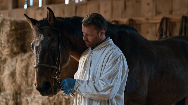 A veterinary dentist scales plaque from a horse's molars using a dental float in a barn aisle during a November farm call, the large patient sedated and haltered, hay bales and