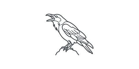 Obraz premium Black and white line art illustration of a cawing raven.