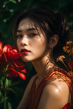 Young Woman Surrounded by Vibrant Red and Orange Flowers in a Lush Garden with Dramatic Natural Light