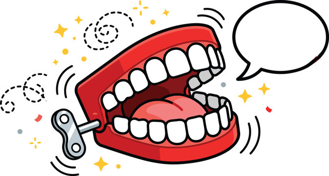 Funny chattering teeth wind up toy cartoon character with speech bubble vector isolated illustrationFunny chattering teeth wind up toy cartoon character with speech bubble vector isolated illustration