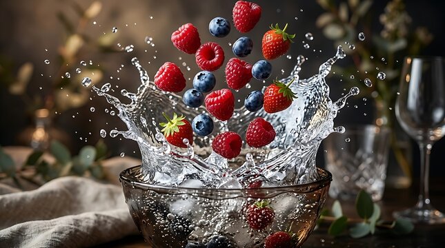 Fresh Berries Splash in Water with Ice Cubes in a Bowl.