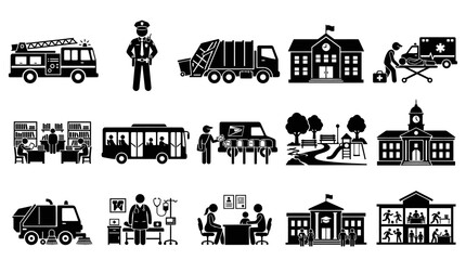 Naklejka premium Black and White Glyph Icons: Public and Community Services, Essential Workers, Buildings, and Vehicles
