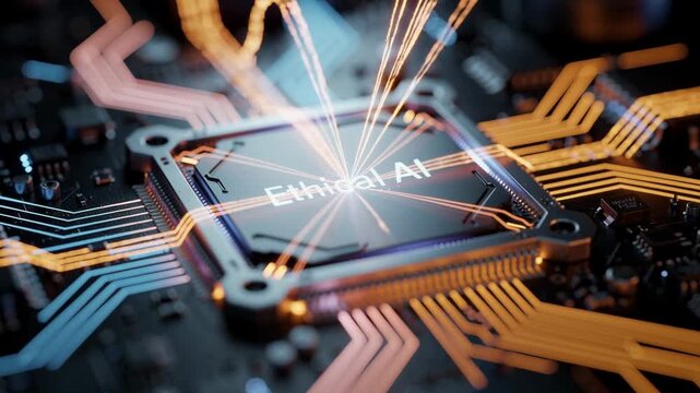 Close up of Ethereum blockchain processor with glowing digital connections on futuristic circuit board
