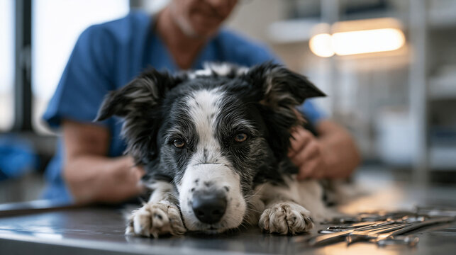 Veterinary surgeon in scrubs carefully suturing a border collie on a stainless steel operating table under bright clinic lighting, surgical tools arranged nearby, animal