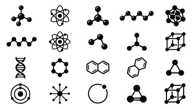 Molecule flat glyph icons set. Chemistry science, molecular structure, chemical laboratory dna cell protein vector illustrations. Signs scientific research. Silhouette pictogram pixel perfect 64x64