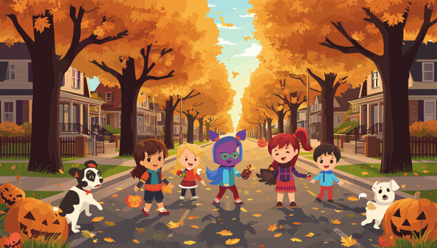 Cartoon children and dogs playing on an autumn street with fallen leaves and pumpkins, lined with houses and orange trees.