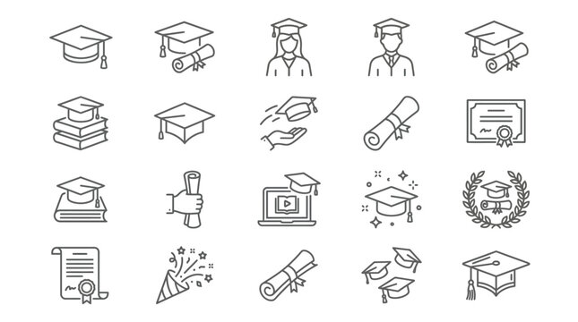 Graduation doodle illustration including icons - student in cap, diploma certificate scroll, university degree . Thin line art about high school education. Editable Stroke
