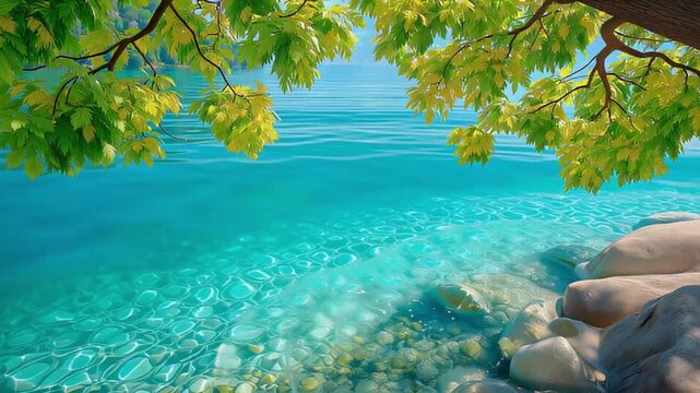 turquoise lake water with sunlit caustic patterns over rocks, framed by overhanging green and yellow leaves.