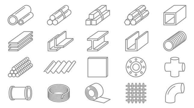 Stainless steel flat line icons set. Metal sheet, coil, strip, pipe, armature vector illustrations. Outline signs for metallurgy products, construction industry. Pixel perfect 64x64. Editable Strokes