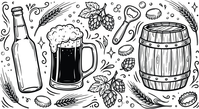 Craft brewery barrel glass mug and bottle sketch background, beer vector illustration on white background