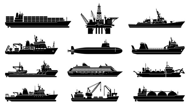 Set of black and white ship icons and vector illustrations for marine industry