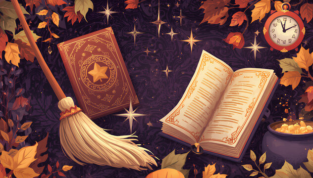 Whimsical autumn magic scene with spellbooks, a broom, falling leaves, and a bubbling cauldron under a starry sky.