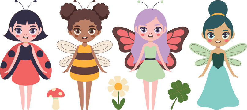 Cute Garden Fairy and Insect Girl Character Collection featuring Diverse Pixies with Butterfly, Bee, and Ladybug Wings Vector Illustration for Kids Fairytale Designs