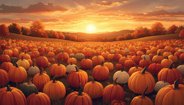 A vibrant autumn sunset illuminates a sprawling pumpkin patch with countless orange and white pumpkins under a warm, colorful sky.