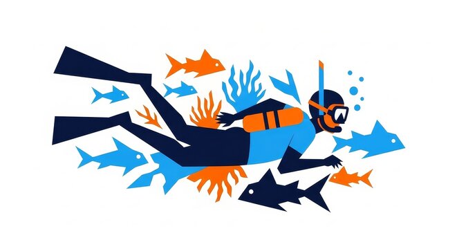Scuba Diving - Colorful Flat Style Illustration of Diver Swimming Underwater with Fish and Coral Reef