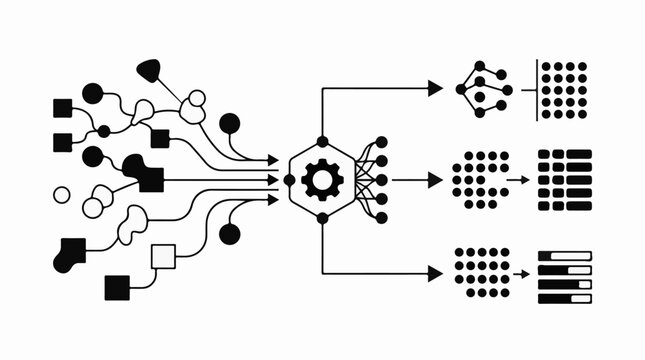 Abstract diagram shows data flow from disparate inputs to structured outputs