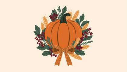 Beautiful autumn pumpkin illustration with a decorative wreath of leaves, berries, and wheat, tied with an orange bow on a light background. © rono