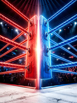 Professional boxing ring corner featuring red and blue padded posts and tensioned ropes under bright arena spotlights with a blurred spectator background in a sports stadium.