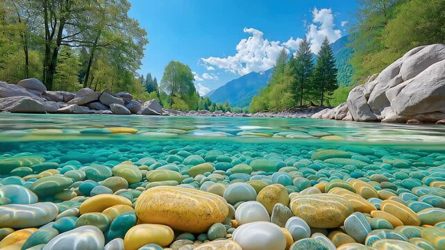 video of split-view of a crystal-clear alpine river with smooth pebbles underwater and forested mountains above.