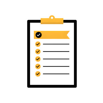 Clipboard with yellow checklist and orange header showing completed tasks on white background