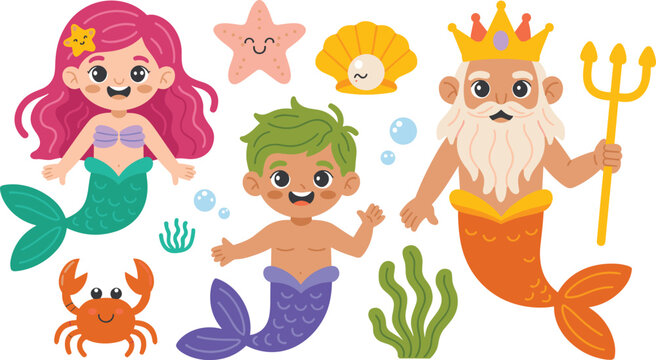 Cute Mermaid Family and King Neptune Character Set with Merman Boy, Starfish, Crab, Shell, and Trident Vector Illustration for Fairytale Kids Graphic Designs