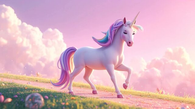 Beautiful white unicorn with colorful mane running on field under pink clouds