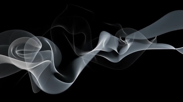 Abstract white smoke swirling on black background with soft flowing curves and delicate patterns
