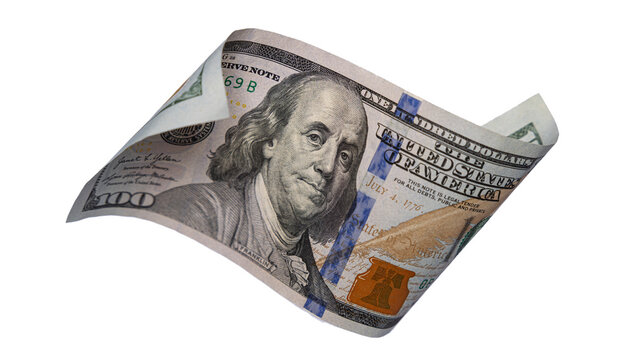 Flying curved US one hundred dollar bill isolated on transparent background png