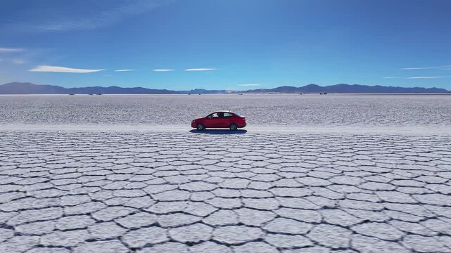 Drone aerial video of red car parked on cracked white salt flat in Salinas Grandes, Argentina.