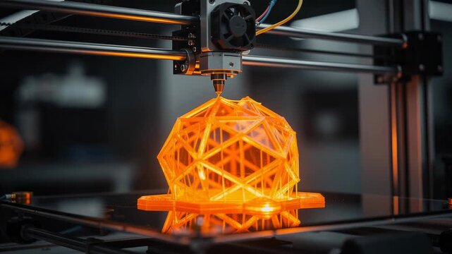 Close up of 3D printer creating an orange geometric object in modern industrial setting