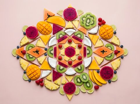 Vibrant Tropical Fruit Mandala on Pink Background.