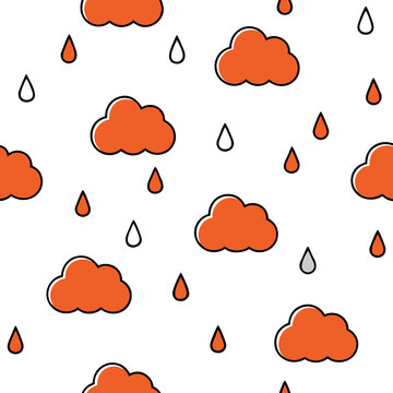 Cute seamless pattern with orange rain clouds and simple water droplets repeating texture design for textile wallpaper wrapping paper.