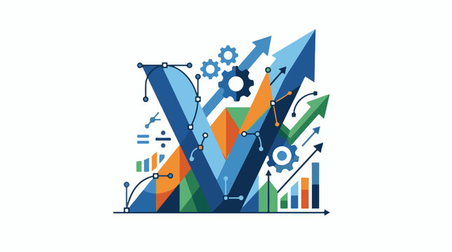 Abstract upward arrows gears graphs and mathematical symbols denote growth