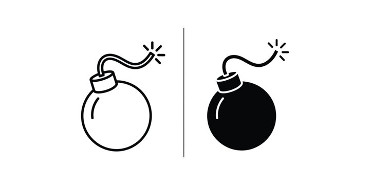 Set of bomb icons with burning fuse in outline and solid black style for danger and explosive warning signs