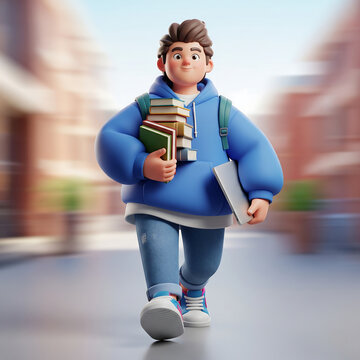 Cartoon boy walking with books and backpack on a city street