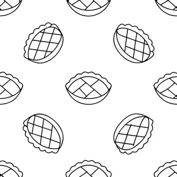 Seamless pattern with hand drawn lattice pies on white background for kitchen decor or bakery branding with minimalist outline style.