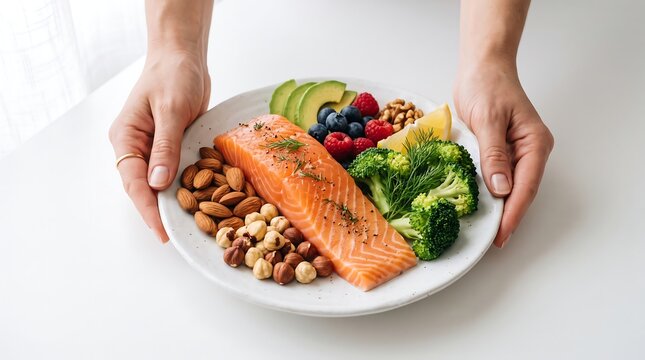 Woman hands holding plate with fresh salmon fillet and healthy nuts with berries and steamed broccoli on white background for balanced ketogenic diet meal preparation concept