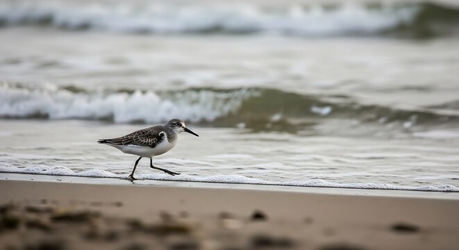 Seaside Shorebird Walking Along Beach with Waves.